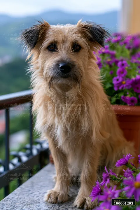 A rare dog breed with unusual coat texture sits on a ledge beside vibrant purple flowers, showcasing its unique fur against a scenic backdrop of hills and cloud