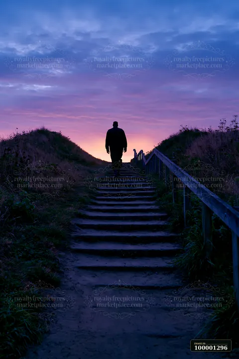 A soldier silhouette stands at the top of stairs as dawn breaks, with colorful clouds illuminating the sky.