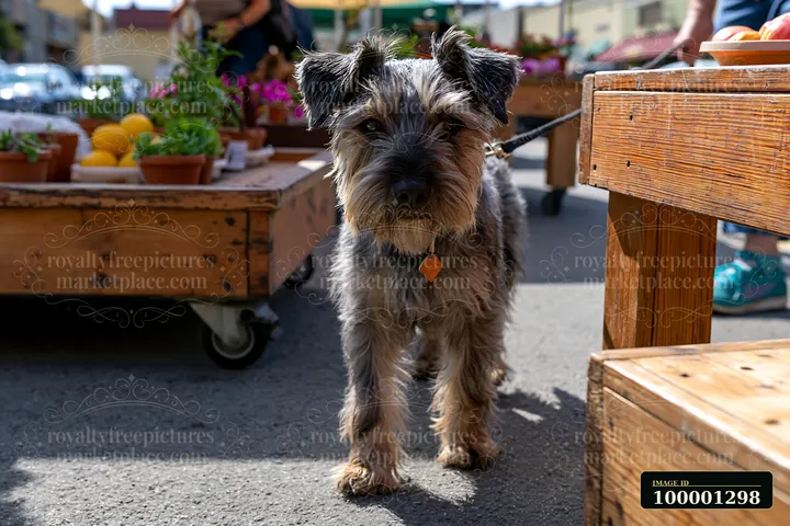A rare dog breed visiting farmers market stands next to wooden vendor stalls filled with fresh produce and flowers.