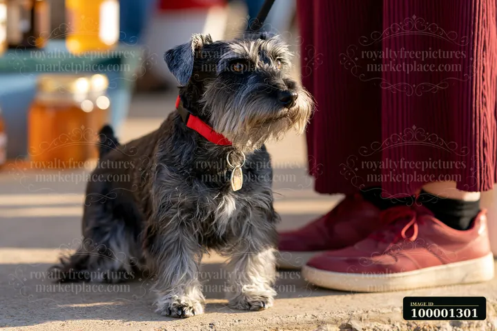 A small rare dog breed visiting farmers market stands beside its owner near jars of local goods in a sunny outdoor setting.