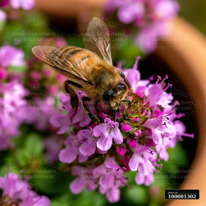 A honey bee on thyme flower gathers nectar in a garden.