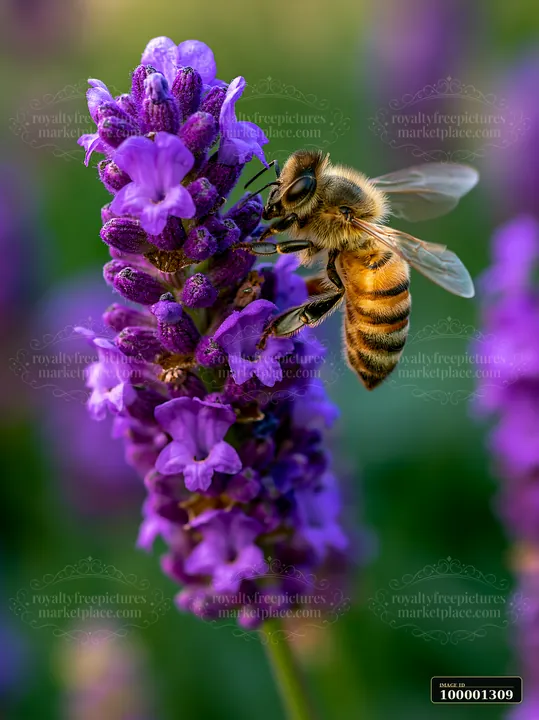 A honey bee is collecting nectar from a purple lavender flower in a garden setting.