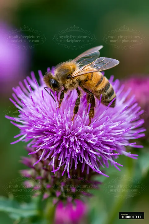 A honey bee is collecting nectar from a purple thistle flower in a garden.