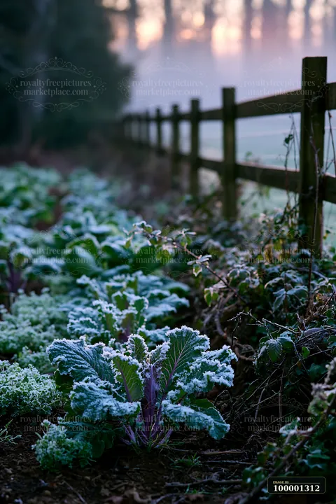 Frost covers plants in a winter garden outside a farmhouse as morning light breaks through trees.
