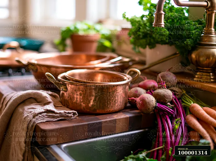 A kitchen features copper cookware on a wooden counter beside fresh vegetables like beets and carrots.