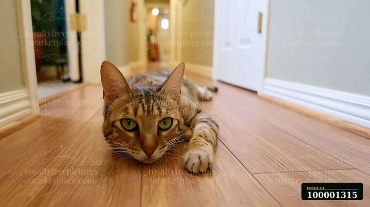A Serengeti cat is stretched out on a wooden floor in a hallway of a home.