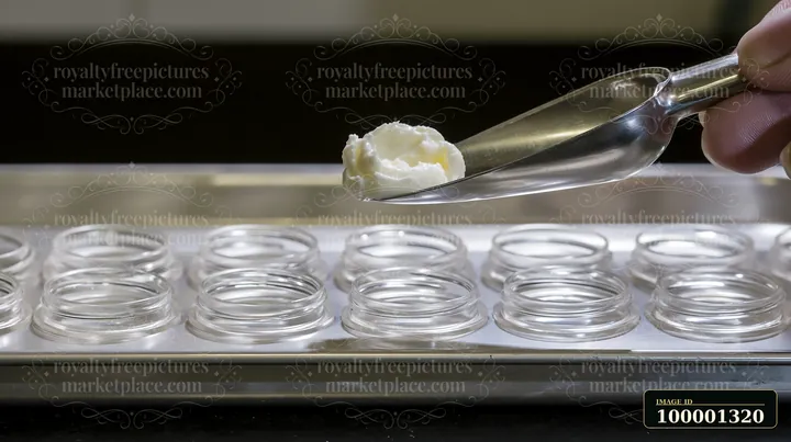 A person holds a cosmetic scoop filled with cream over a tray with multiple small glass jars.