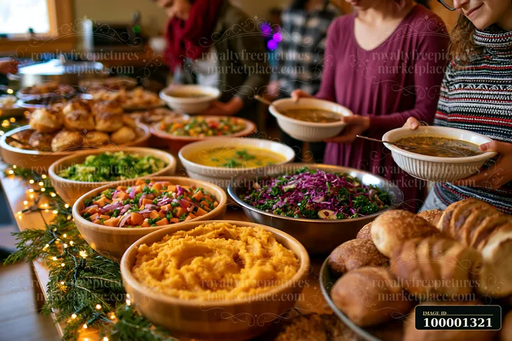 A group of people serves food from a buffet featuring healthy dishes at a community event.