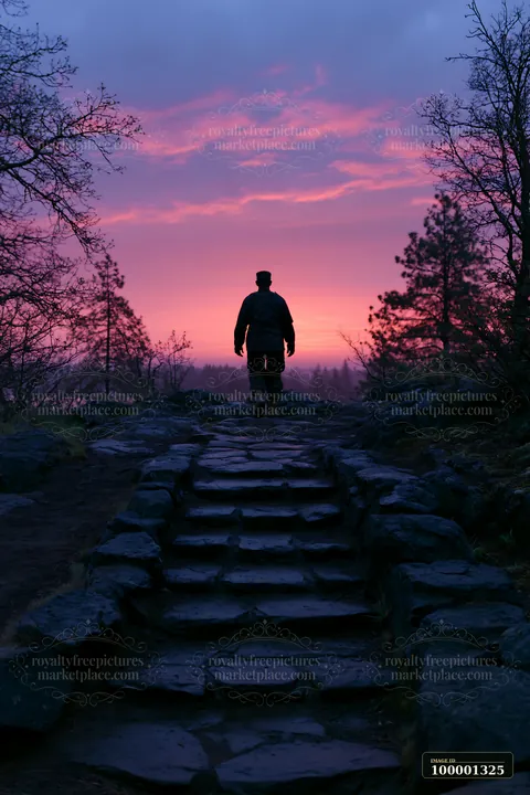 A soldier silhouette at dawn walks up a stone path surrounded by trees under a colorful sky.