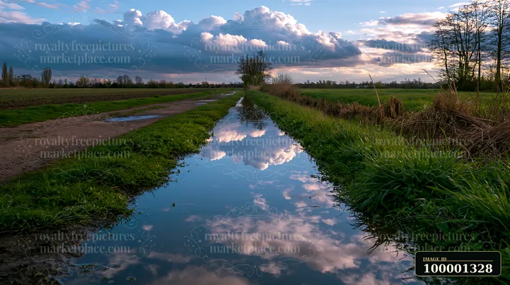 A meadow beside a rural road features water reflecting clouds and trees.