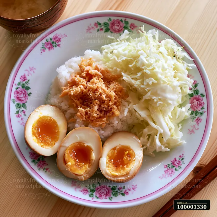 A breakfast plate with Japanese breakfast is served on a floral dish.