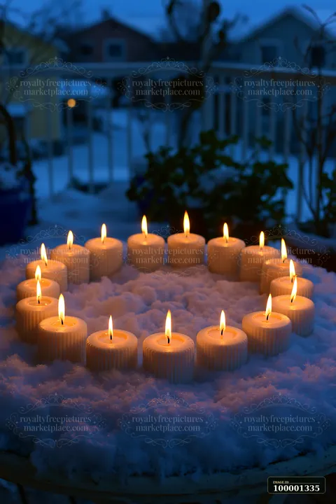 Candles arranged in a circle sit on a snow-covered surface outside during dusk.
