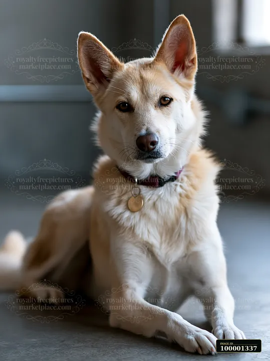 A rare dog breed in studio portrait lays on the floor with a calm expression.