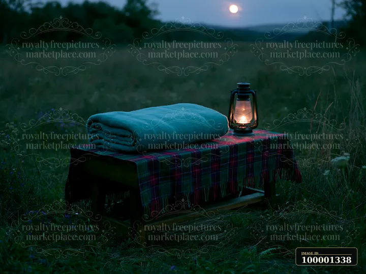 A cozy setup with a folded blue blanket on a wooden table and a lantern glowing in a meadow beneath a full moon.