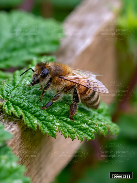 A honey bee resting on a green leaf in a garden.