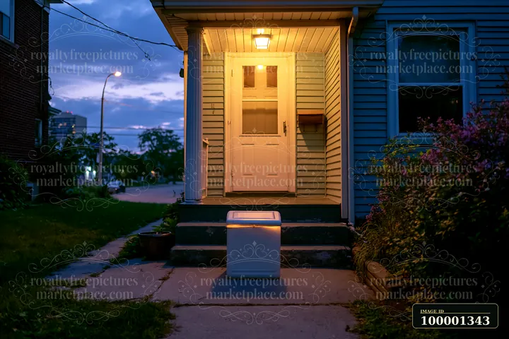 A white insulated milk delivery box sits on the doorstep of a residential apartment.