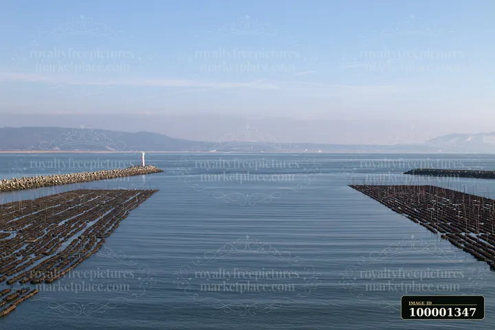 The view shows a coastline with mussel farms in the water.