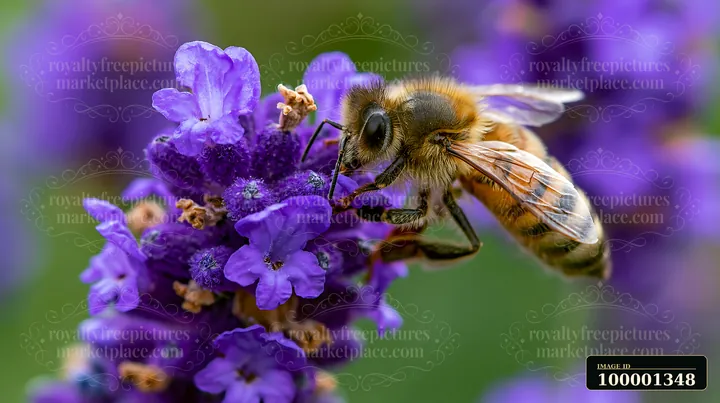 A honey bee closeup on purple lavender shows the bee collecting nectar.