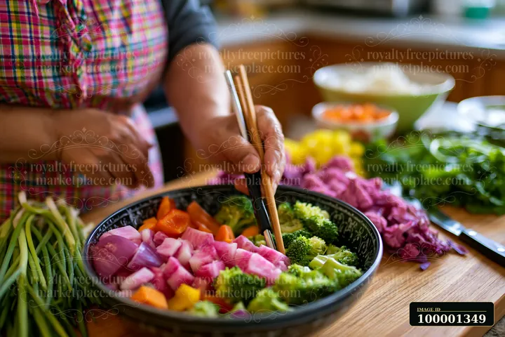 A person with limited hand mobility using utensils is chopping a variety of fresh vegetables in a home kitchen.