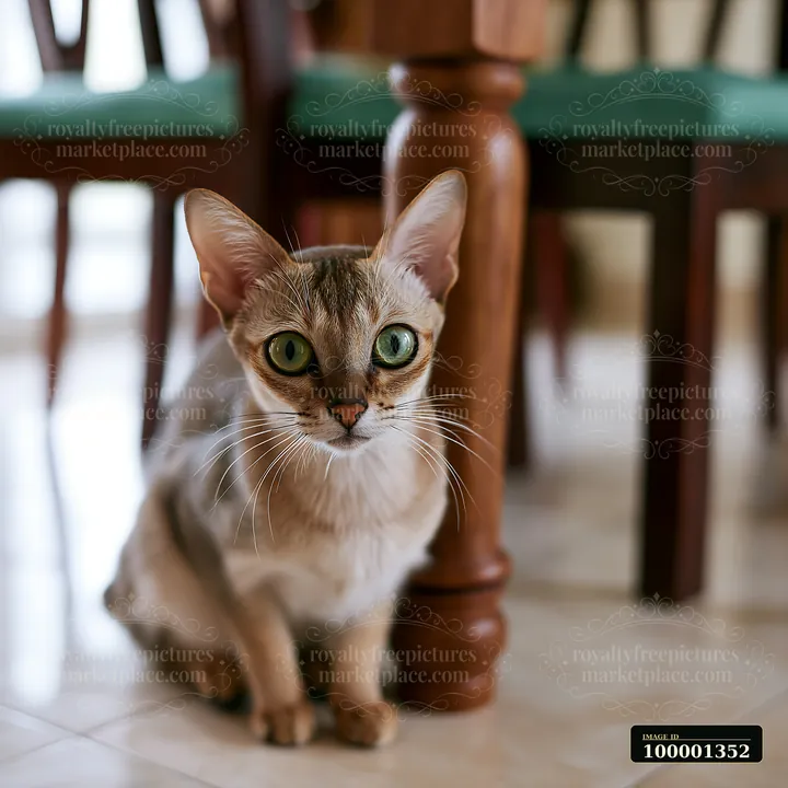 A Singapura cat is sitting on the floor beside a wooden chair with green seating.