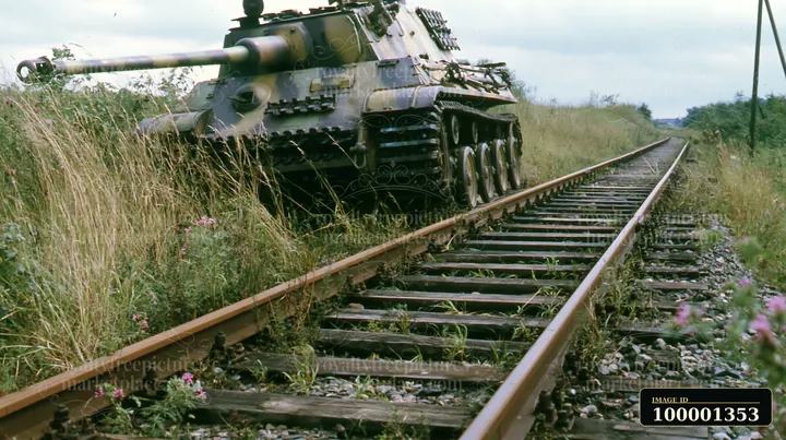 A panzer tank surrounded by grass sits near railway tracks in an open field.