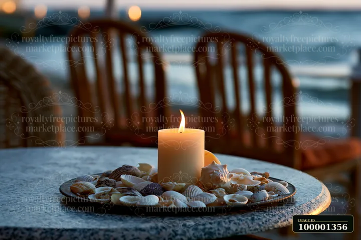 A candle surrounded by seashells rests on a table, with the ocean visible in the background.