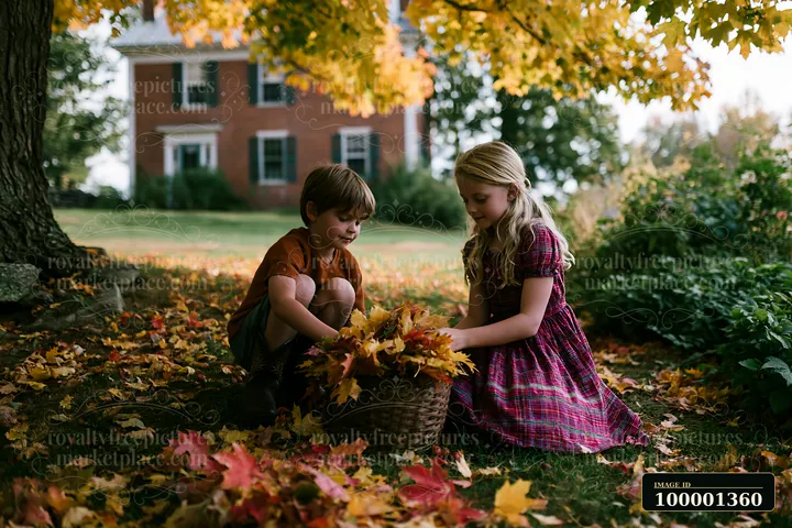 Two children playing in farmhouse garden gather colorful autumn leaves in a basket while sitting on a bed of fallen foliage under a large tree.