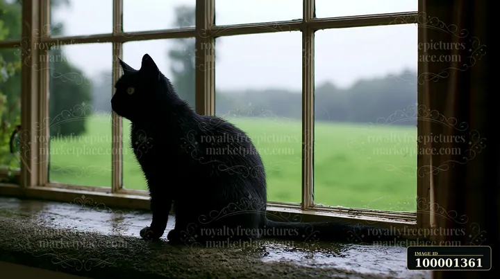 A black cat sits quietly on a windowsill of a country house, looking outside at a green field under a cloudy sky.