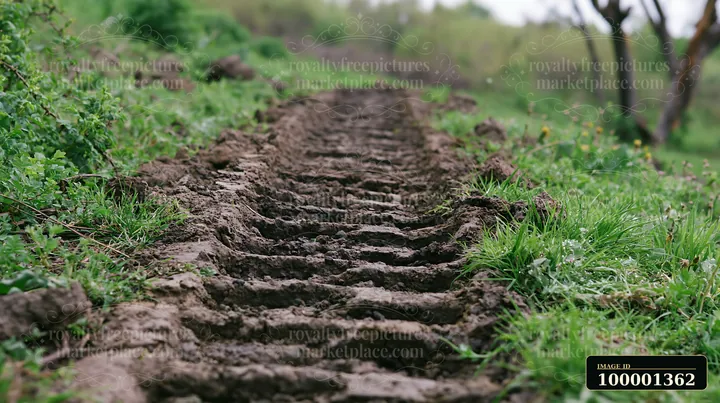 Panzer tank tracks close-up reveal deep imprints in muddy terrain, surrounded by grass and foliage.