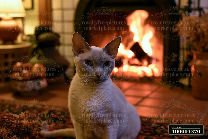 A German Rex cat sits in front of a glowing fireplace, with a warm ambiance in a cozy room.