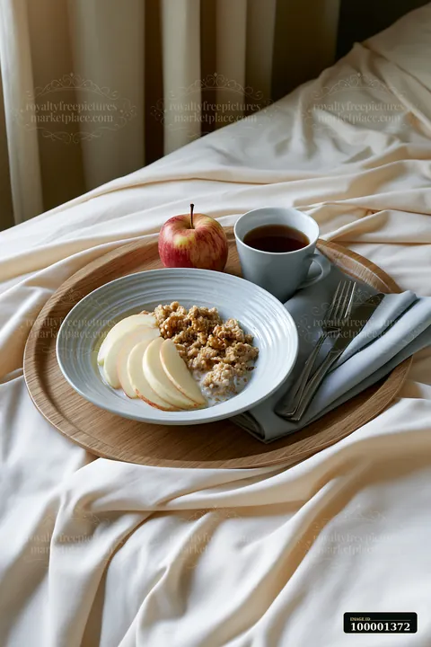 Breakfast plate with muesli features slices of apple, a cup of coffee, and is placed on a tray over a bed with soft sheets.