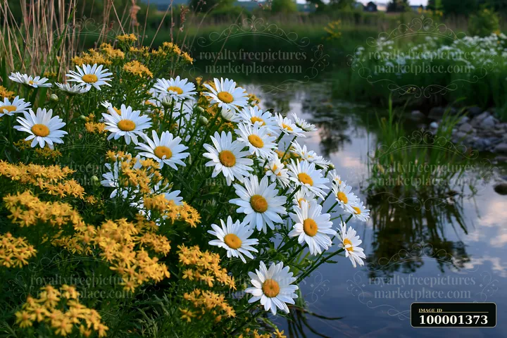 Daisies and yellow flowers grow near a natural pond, reflecting the greenery and surrounding landscape.