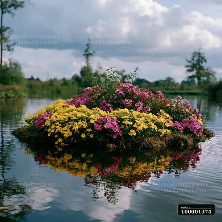 A small island filled with colorful flowers floats in a body of water under a cloudy sky.