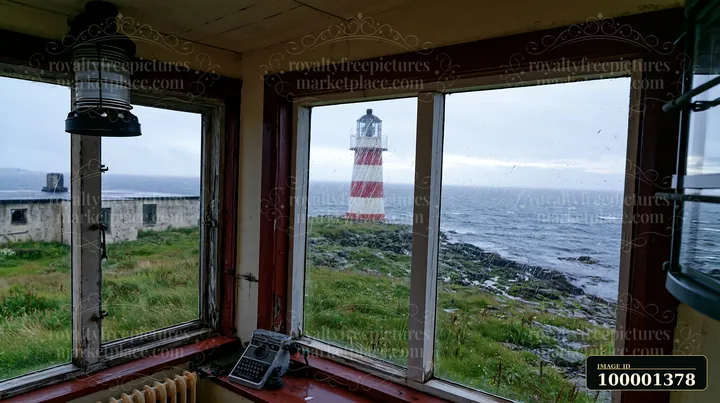 A view from inside a building shows an abandoned lighthouse on a remote coast.