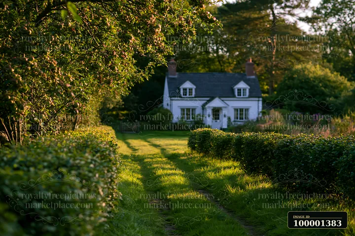 A country house surrounded by hedges is seen in a green landscape.