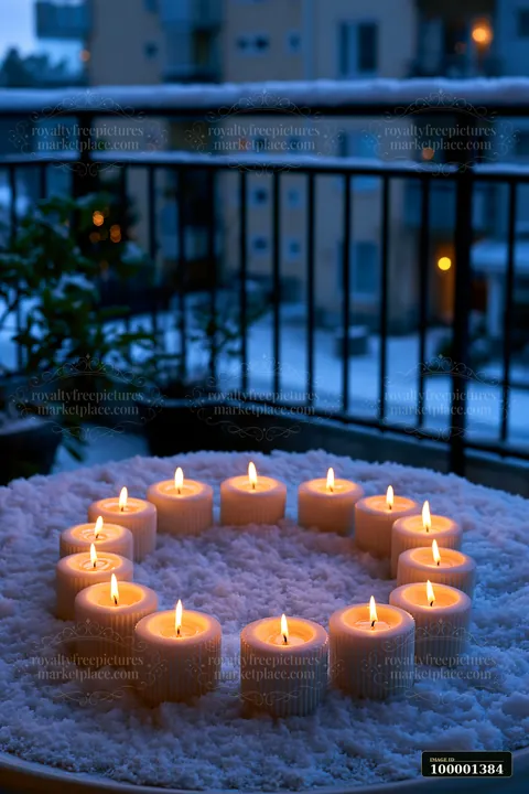 Candles arranged in a circle sit on a bed of snow on a balcony, glowing softly against a backdrop of darkening buildings and faint city lights.