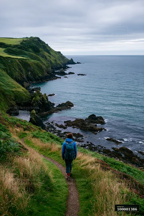 A hiker walks along a dirt path near a coastline with sheltered bay.
