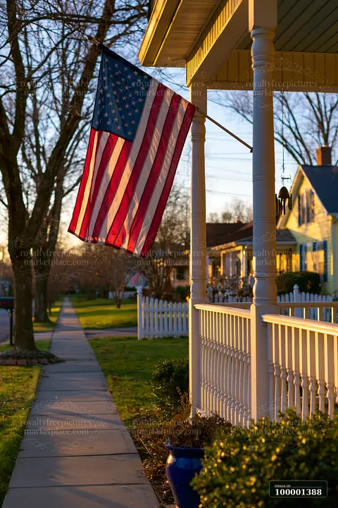An American flag flying in strong wind hangs from a porch during sunset.