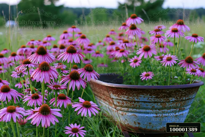 Echinacea flowers in prairie bloom near a rusty wheelbarrow under a clear sky.