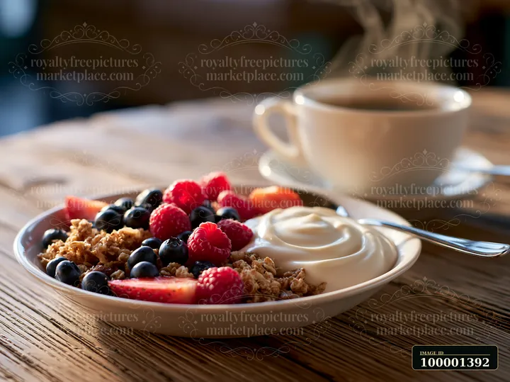 A breakfast plate with muesli, fresh fruits, and yogurt sits on a wooden table near a cup of steaming coffee.