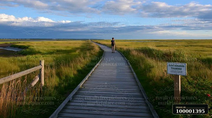 A person walks along a wooden boardwalk in a coastal area.