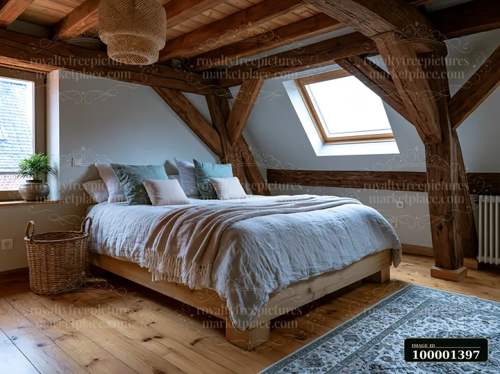 This rustic bedroom features a wooden bed with linen bedding, adding a natural touch to the interior.