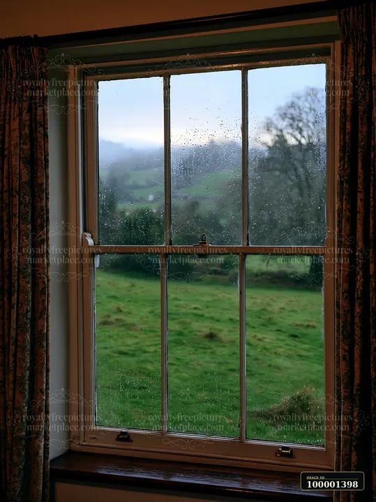 Raindrops cling to the window pane as a view of green fields and distant hills unfolds.