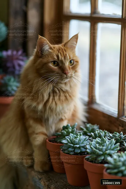 A cat sitting on a country house windowsill next to potted succulents.