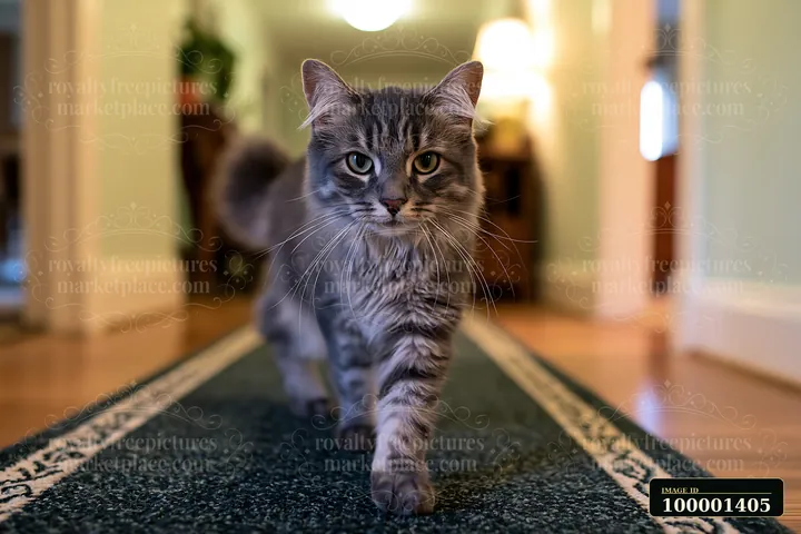 A Bambino cat moves confidently down a hallway with a patterned rug.