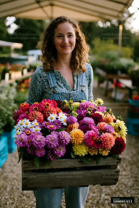A woman holds a wooden crate filled with colorful mixed seasonal flowers at a farmers market.