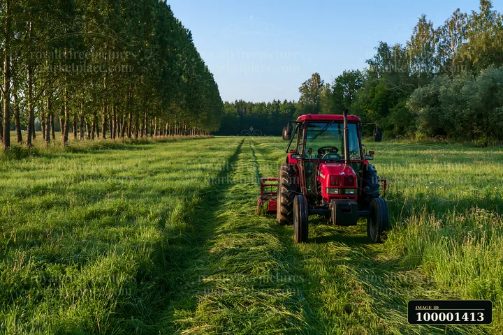 A tractor is working in a vibrant green meadow, cutting grass in long, neat rows.