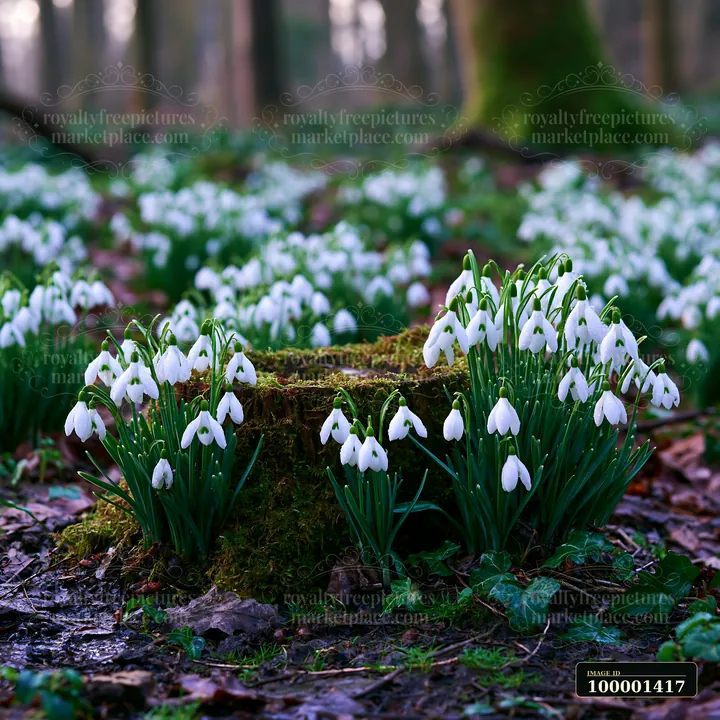 Snowdrop flowers beneath trees create a lush scene around a moss-covered stump in the forest.