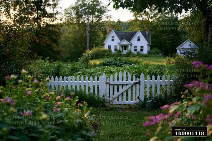A country home with white picket fence sits among vibrant greenery and flowers.