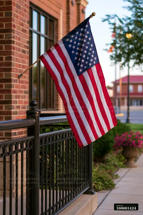 An American flag hanging vertically is displayed on a black railing near a business entrance.
